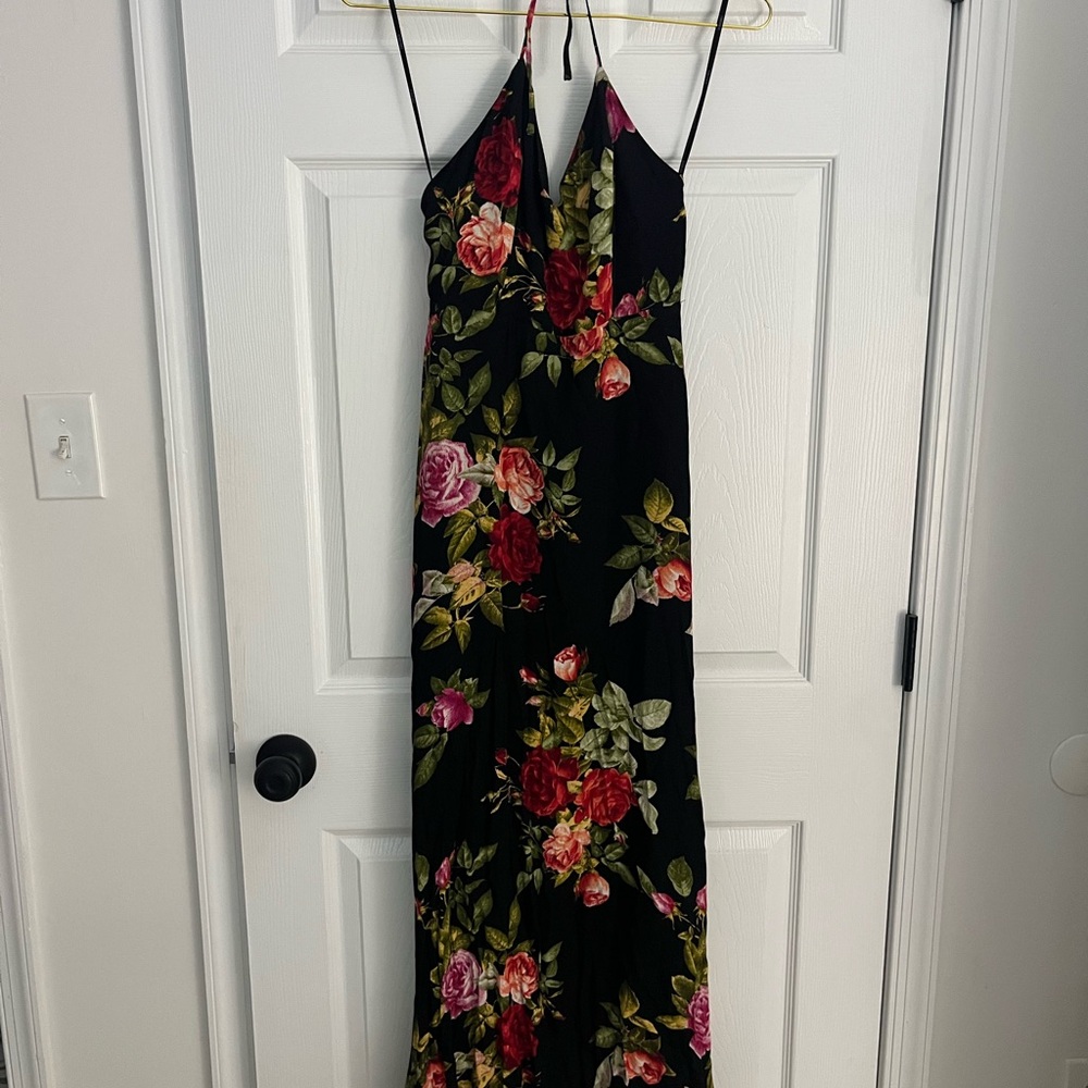 Floral Halter Maxi Dress - Black and Red - Picture 1 of 10